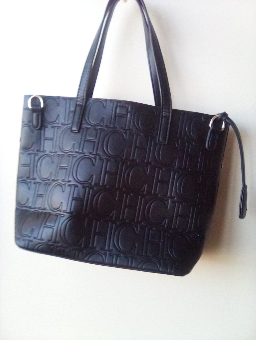 Women’s Embossed CHCH Logo Tote Bag in Black with Red Interior - Picture 9 of 10